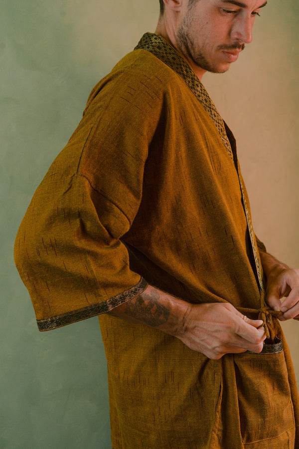 Gaya Kimono — Men's Gold, close detail of the hand-dyed Ikat weave