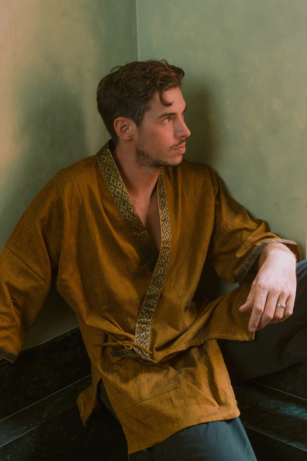 Gaya Kimono — Men's Gold, handwoven Javanese Ikat, full-length styling