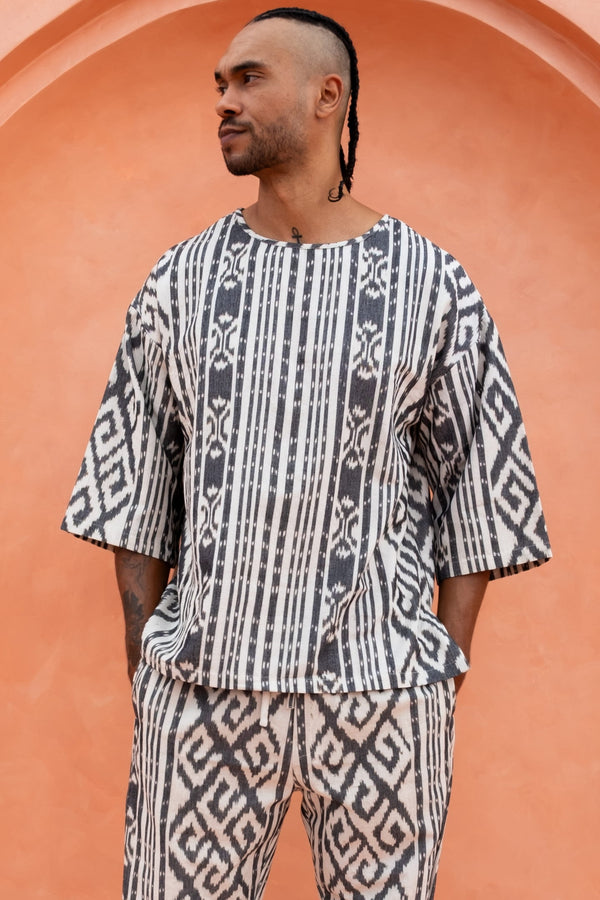 Sawah Co-Ord Set — White Grey, close detail of the hand-dyed Ikat weave