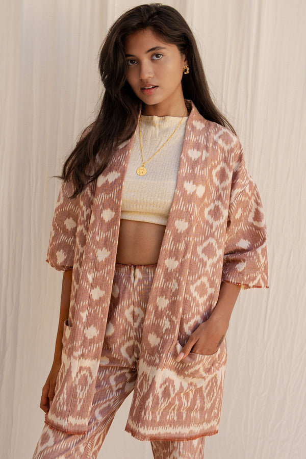 Sekarang Kimono — Women's Pink, handwoven Javanese Ikat, front view