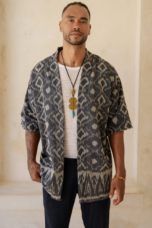 Sekarang Kimono — Men's Blue, handwoven Javanese Ikat, front view