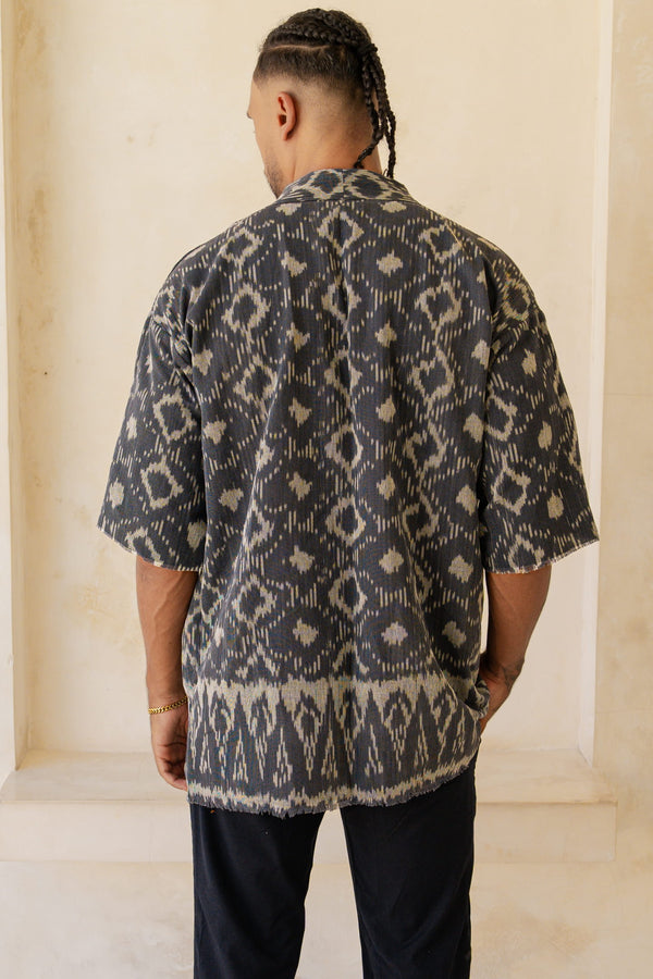 Sekarang Kimono — Men's Blue, handwoven Javanese Ikat, alternate view