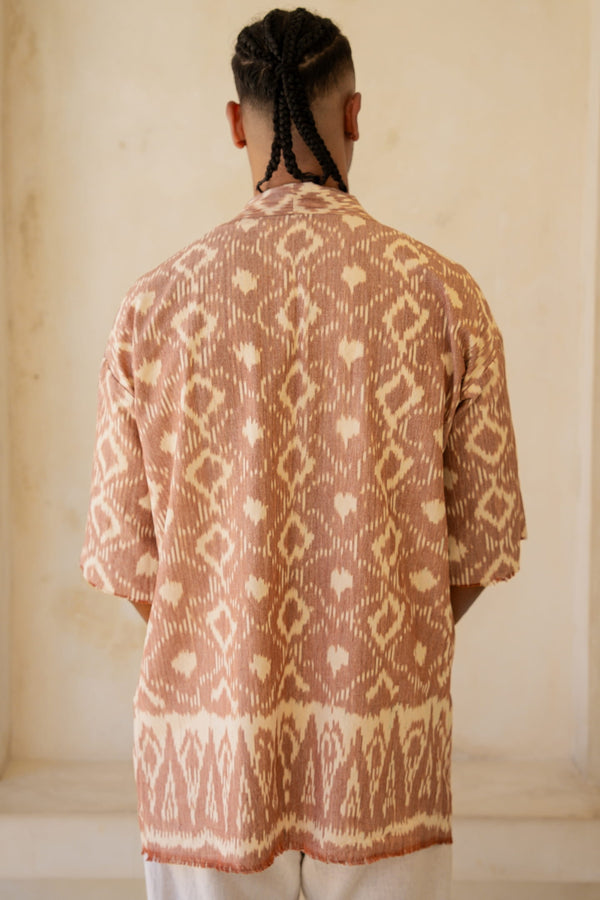 Sekarang Kimono — Men's Pink, handwoven Javanese Ikat, alternate view