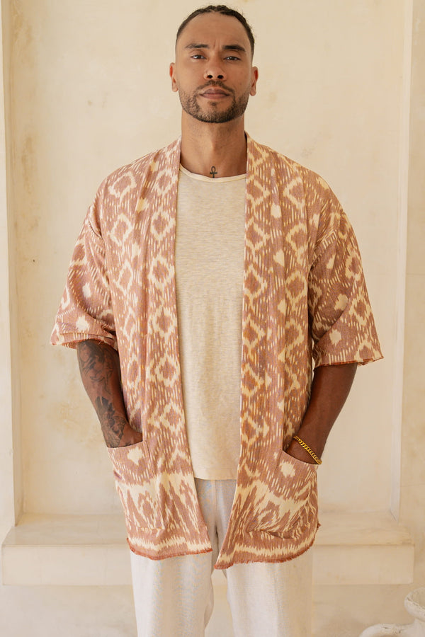 Sekarang Kimono — Men's Pink, handwoven Javanese Ikat, front view