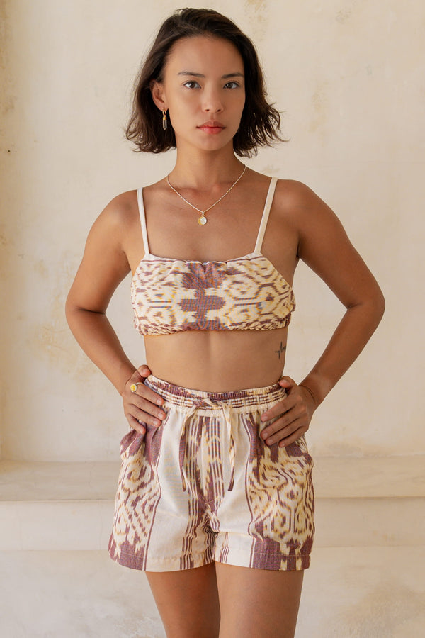 Sini Sana Two-Piece Set — Burgundy White, handwoven Javanese Ikat, front view