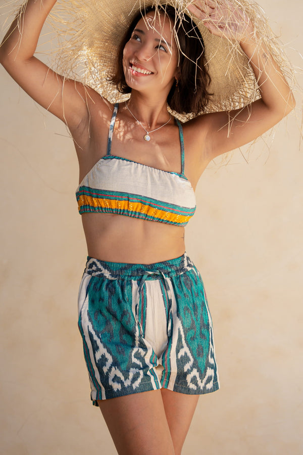 Sini Sana Two-Piece Set — Teal Tribal, handwoven Javanese Ikat, front view