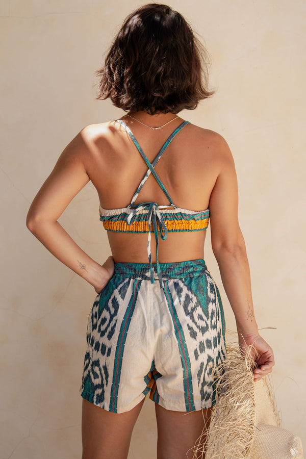 Sini Sana Two-Piece Set — Teal Tribal, handwoven Javanese Ikat, alternate view